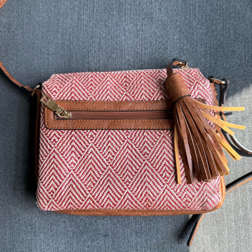 Jen & CO Sabrina Natural Red Crossbody with Leather Trim and Tassel